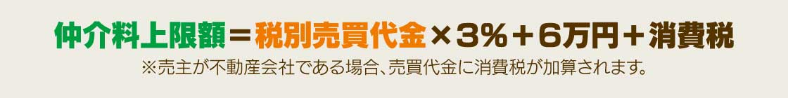 仲介料上限額=税別売買代金×3%+6万円+消費税